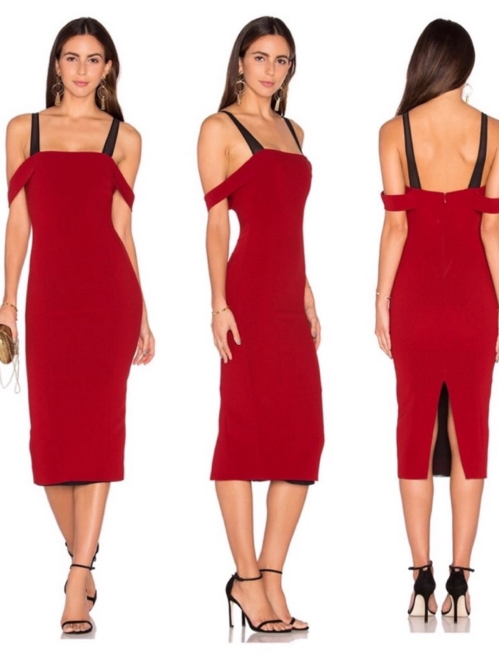 Cinq A Sept Nova Off The Shoulder Midi Dress Rust Red Black